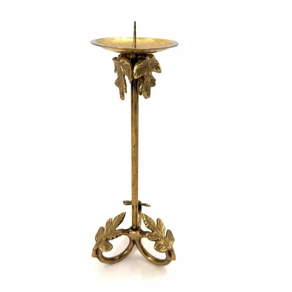Vintage Tall Brass Pillar Candle Holder Leaf Design with Character